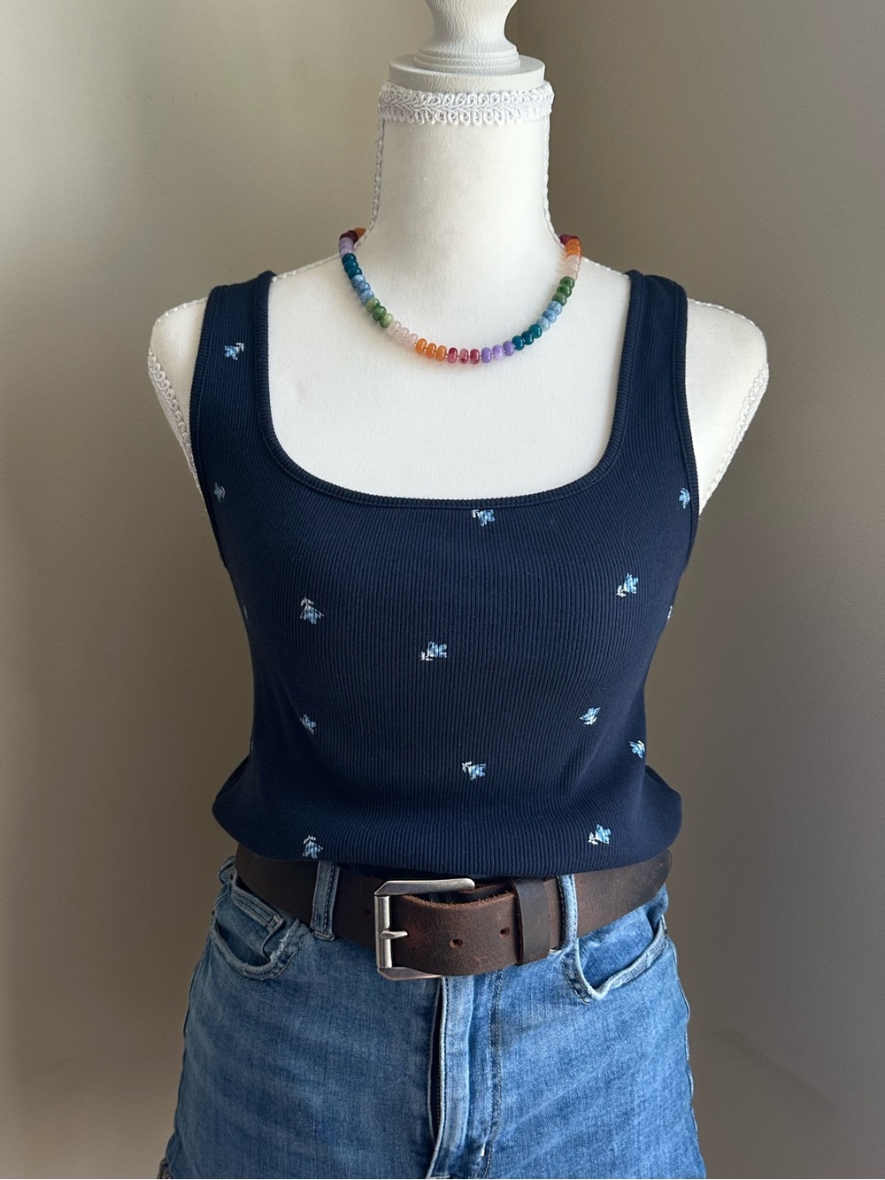 Old Navy Navy Ribbed Square-Neck Tank with Light Blue Embroidery